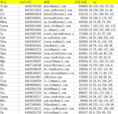 越南博彩数据198万，数据字段：ip、姓名、电话号码、邮箱、存款金额。数据为excel格式，数据一共有1984132条，具体看下方样品截图。数据未打码，可自行测试。已经设置自动发货。虚拟商品，看好再拍，拍好不退。

注意：邮箱有重复的，筛选