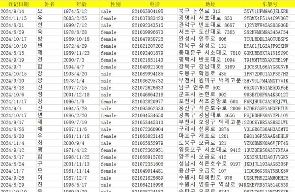 韩国车主数据688万，数据字段：姓名、年龄、性别、电话、地址、车架号。数据为excel格式，具体看下方样品截图。无空行，号码全，已经设置自动发货。虚拟商品，看好再拍，拍好不退。

注意：虚拟物品易复制 拍下不予退款 拍下默认同意 拍前请三思