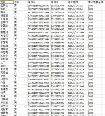 字段：姓名，电话，身份证号，性别 。。。