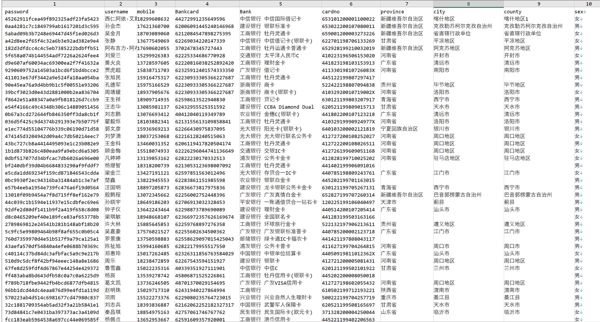 字段：加密密码，名字，电话，身份证号，银行卡号，银行，银行卡类型，性别 。。。