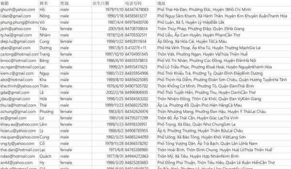 越南游戏网站用户数据499.9万，数据参数：邮箱、姓名、性别、出生日期、电话号码、地址。具体看下方样品截图，购买后自动发货，虚拟数据易复制，看好再拍，拍后不退。