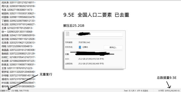 包含全国70%人口个人信息 姓名身份证号手机号 社工库数据 MEGA网盘发货 拍下自动发货 来自上海公安10亿和多个数据源去重缝合后得 无重复行