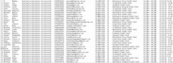 最新上线，美国亨廷顿银行高额信用卡数据73万，拍后自动发货，本次筛选为男性，带出生日，无重复，带年费利率，格式全部内容，独家数据，禁止倒卖！