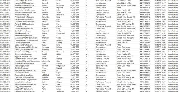 出库时间：11月17日   数据来源：Plus500（英国）   11月账户交易客户信息，全格式（数据截图已上传）

投资类型包含：标普500指数、纳斯达克指数、罗素指数等期货