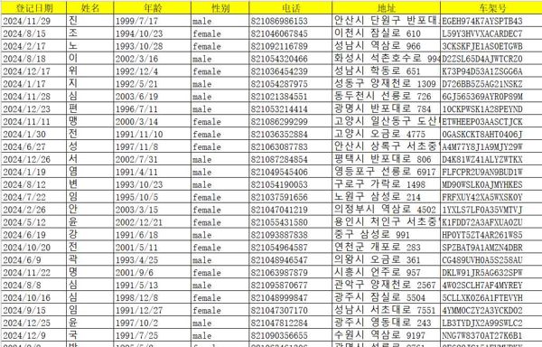 韩国车主数据278万，数据字段：姓名、年龄、性别、电话、地址、车架号。数据为excel格式，具体看下方样品截图。已经设置自动发货。虚拟商品，看好再拍，拍好不退。