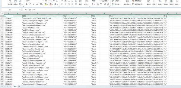 id		邮箱		电话		网站		密码		国家		'BRL'	1	0		登录日期	1090378011377		'uh8m'		IP						

总共500w