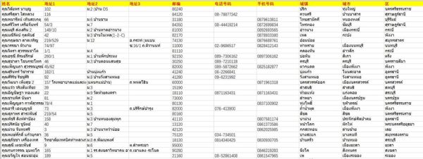 泰国化妆品购物用户第二部分10万条。

数据字段：姓名、地址1、地址2、地址3、邮编、电话号码、手机号码、城镇、城市、区。

数据为excel格式，数据一共100001条，电话号码有8万7千条左右、手机号码有8万6千条左右，其他信息齐全，具