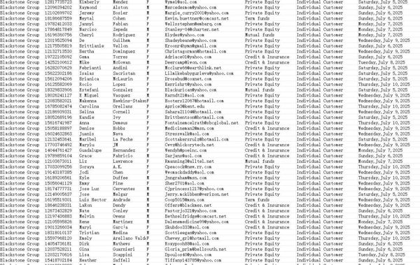 黑石集团（Blackstone Group）是全球知名的另类资产管理公司，，投资类型包括：私募股权、房地产、对冲基金、信贷等多种领域


本次更新88万条，全都是一手数据。数据格式包括：客户姓名、性别、邮箱、投资类型、客户类型、时间等