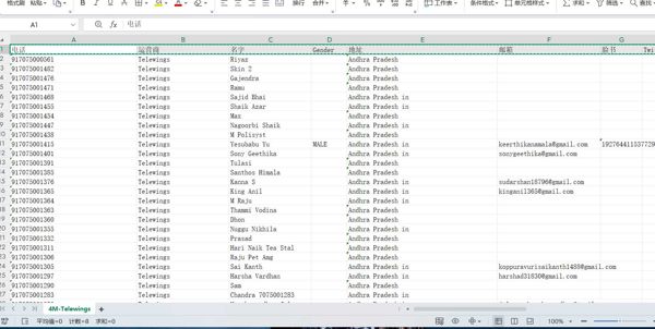 电话	运营商	名字	Gender	地址	邮箱	脸书	Twitter	总共2.7亿（电话地址比较全其他不怎么全）