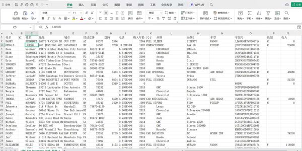 姓名	MI	姓名	地址	城市	STATE	ZIP	ZIP4	电话	购入年龄	尺寸	品牌	品牌2	车型	车架号	性别	收入  未去重复  去完重复以后2000来万 其中姓名  地址电话  城市  品牌购入年龄车架号比较全  其他不怎么全