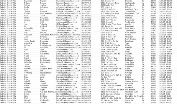 网站、姓名、电话、邮箱、地址、出库时间等。具体格式请查看截图

上新时间：3月16日 来源：美国Calvin Klein（奢侈品服饰网） 总量71万条（本站数据首次渗透更新）