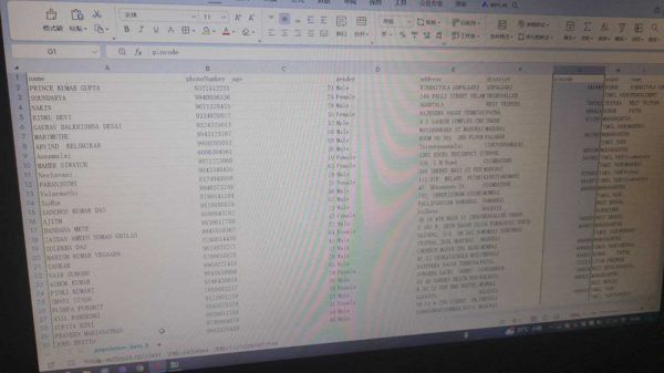 name phoneNumber age gender address district pincode state town