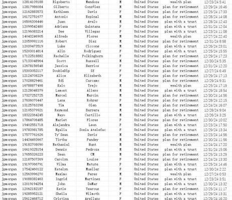 更新时间：2025年1月3日 数据格式：姓 名 性别 投资类型  时间等（重要资料都有保留下来，格式见截图）

来源：摩根大通  摩根大通最新的一手数据，牛逼好开发，有需要的大佬速度了

此价格为整份63万条，付款后MEGA自动发货，长期合