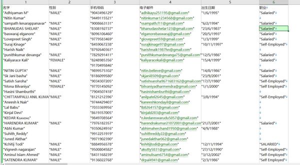 数据来源网站：https://www.lendenclub.com
内容：名字,性别,手机号码,电子邮件,出生日期,职业