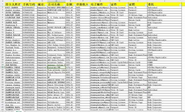 24年新出库-印度-最佳信用卡-（2024年9月）45万条- 有需要可以尽快下单，购买后mega自动发货 数据格式请看下方截图
