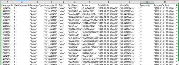 数据出自网站：https://www.thaiairways.com/
内容：乘客类型、预订 ID、头衔、名字、姓氏、出生日期、手机号码、护照到期日期、国籍、PaxLoginId、护照签发日期、性别、证件到
